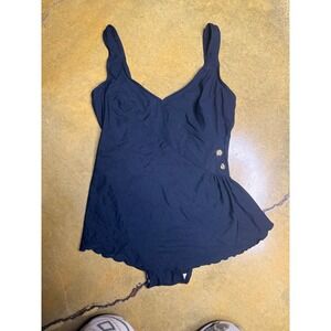 Vtg Robby Len Black One Piece Swimsuit‎ Dress with Button Accent - Elegant small